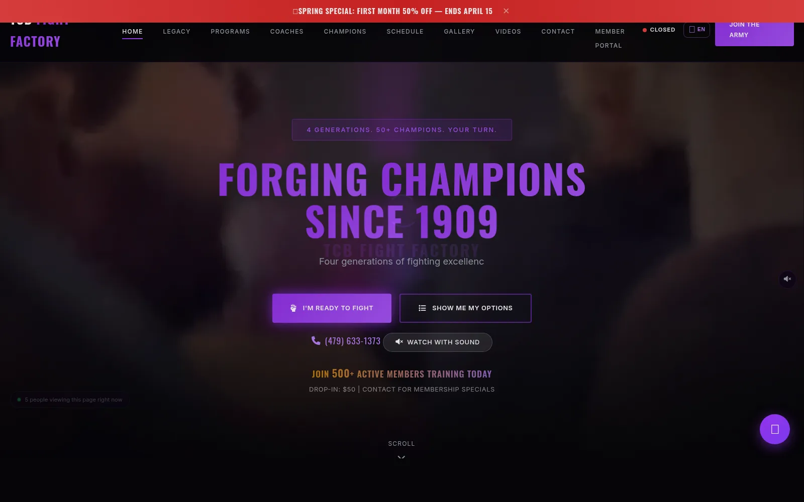 Homepage screenshot of TCB Fight Factory
