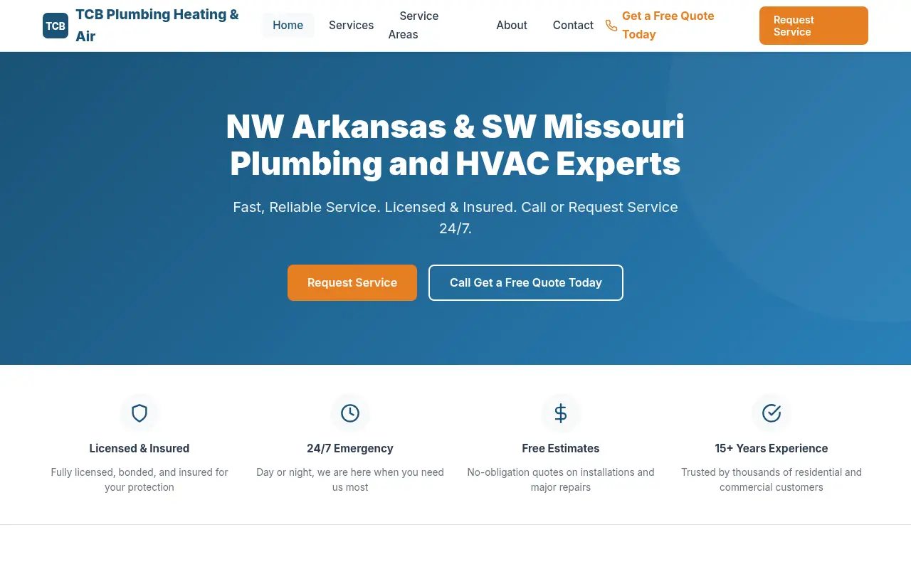 Homepage screenshot of TCB Plumbing, Heating & Air